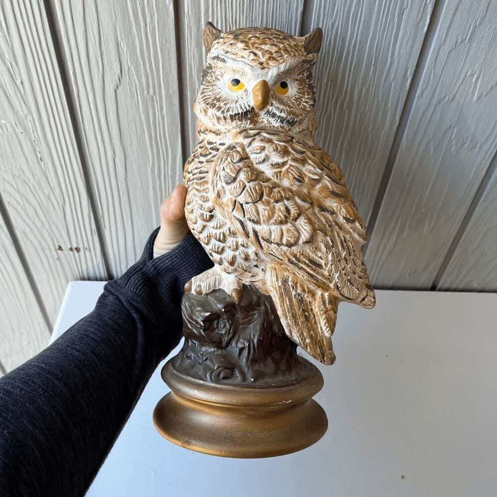 VTG 1973 Hand-Painted Ceramic Owl Sculpture Signed Artist Gold Base Retro Decor